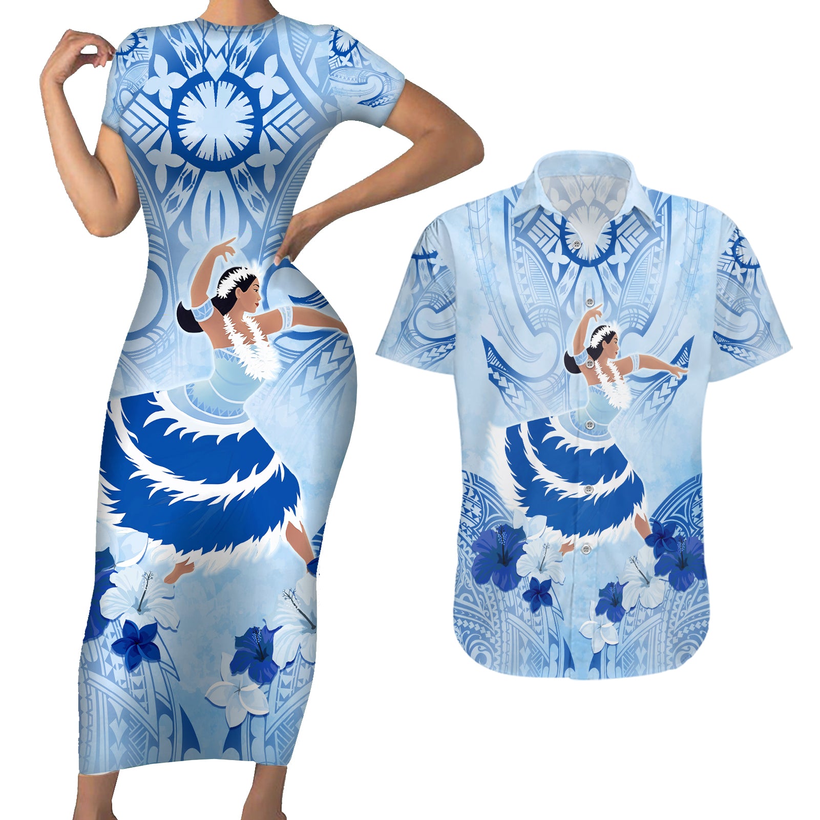 Cook Islands Women's Day Couples Matching Short Sleeve Bodycon Dress and Hawaiian Shirt With Polynesian Pattern LT05 Blue - Polynesian Pride