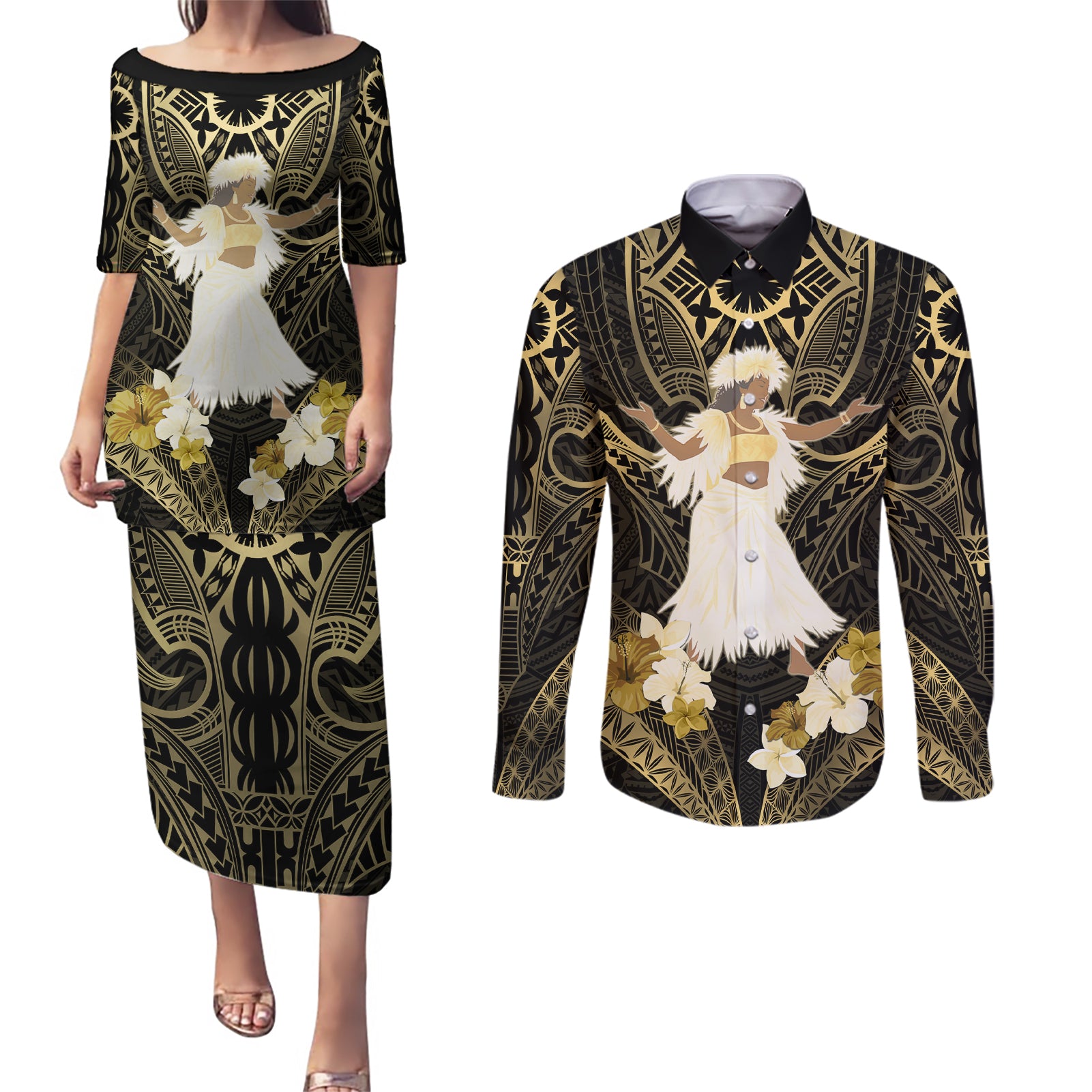 Niue Women's Day Couples Matching Puletasi and Long Sleeve Button Shirt With Polynesian Pattern LT05 Gold - Polynesian Pride