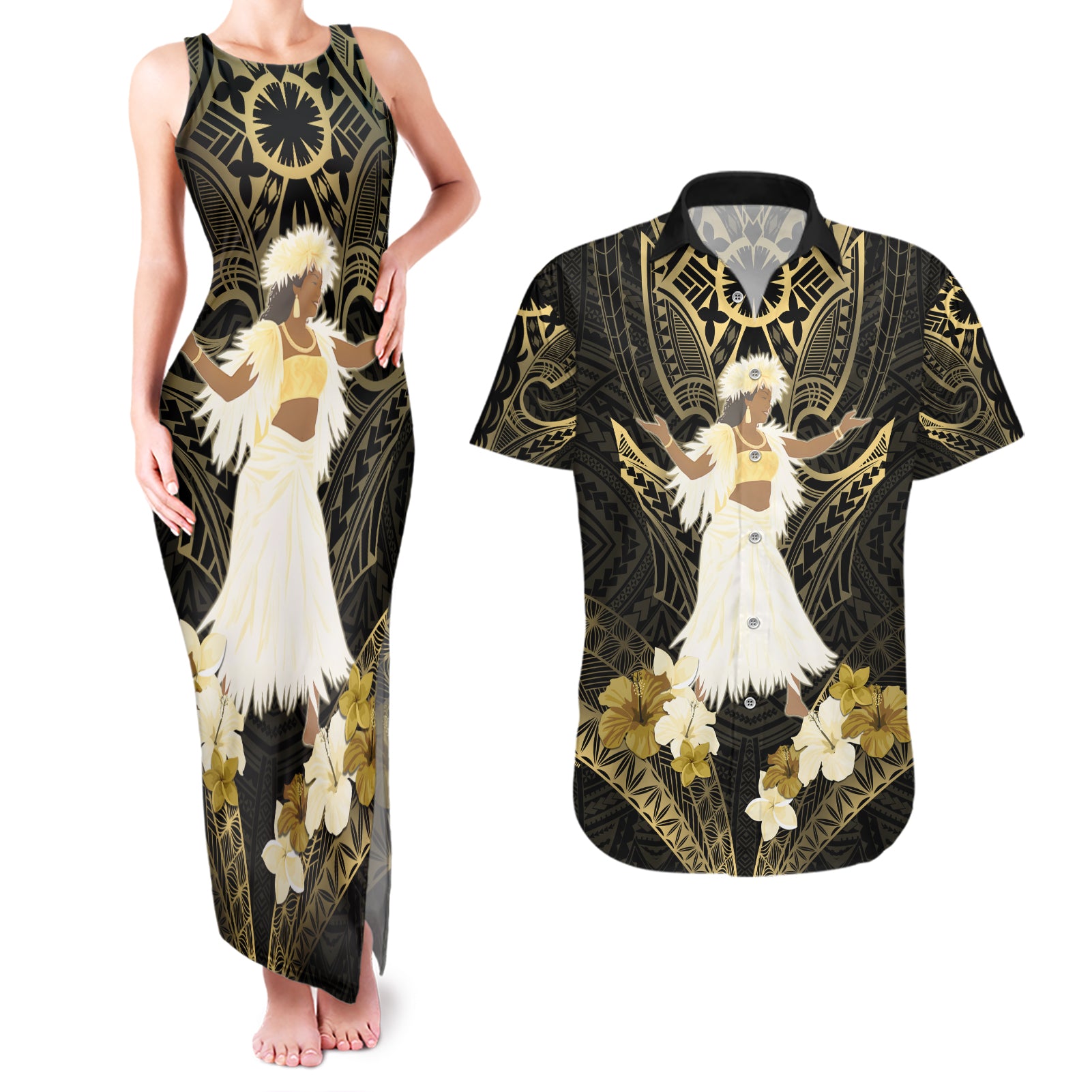 Niue Women's Day Couples Matching Tank Maxi Dress and Hawaiian Shirt With Polynesian Pattern LT05 Gold - Polynesian Pride