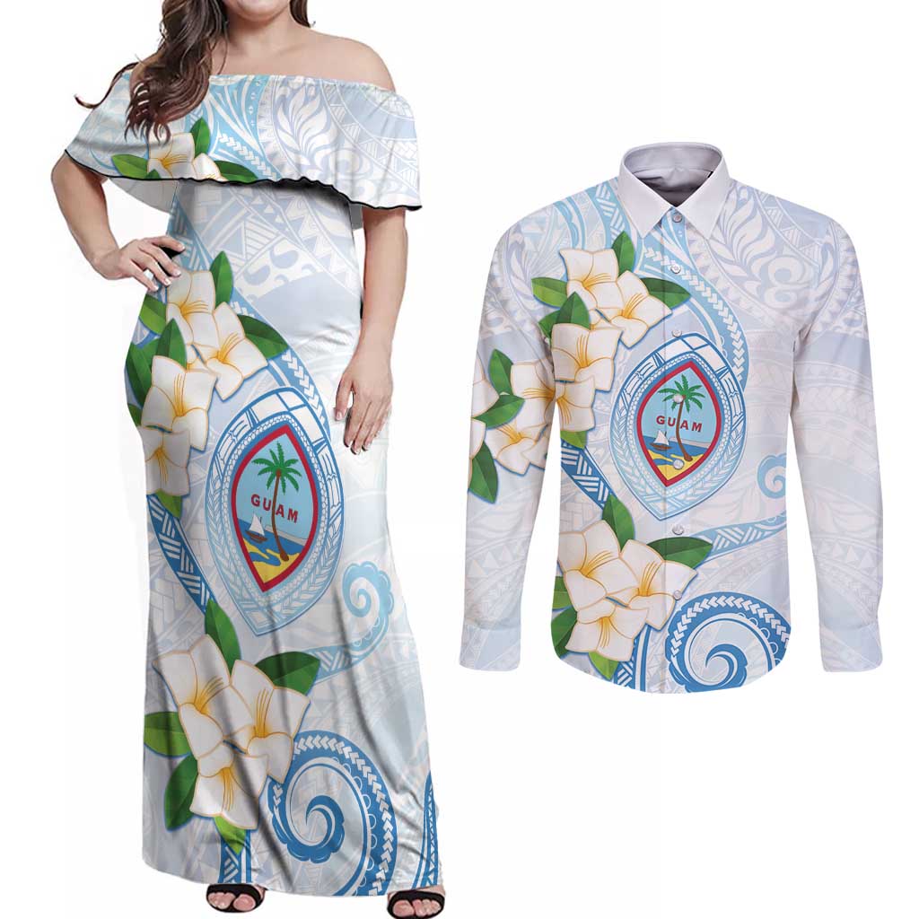 Guam Chamorro Couples Matching Off Shoulder Maxi Dress and Long Sleeve Button Shirt Guasali Flowers Curves Style