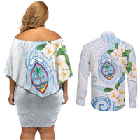 Guam Chamorro Couples Matching Off Shoulder Short Dress and Long Sleeve Button Shirt Guasali Flowers Curves Style