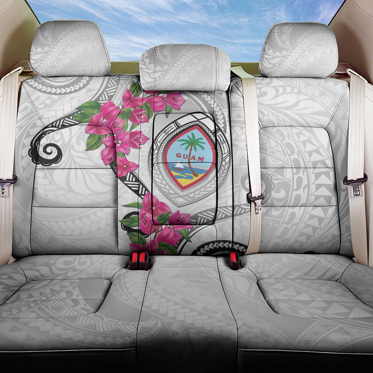 Guam Chamorro Back Car Seat Cover Curves Polynesian Tattoo Mix Bougainvillea LT05 One Size White - Polynesian Pride