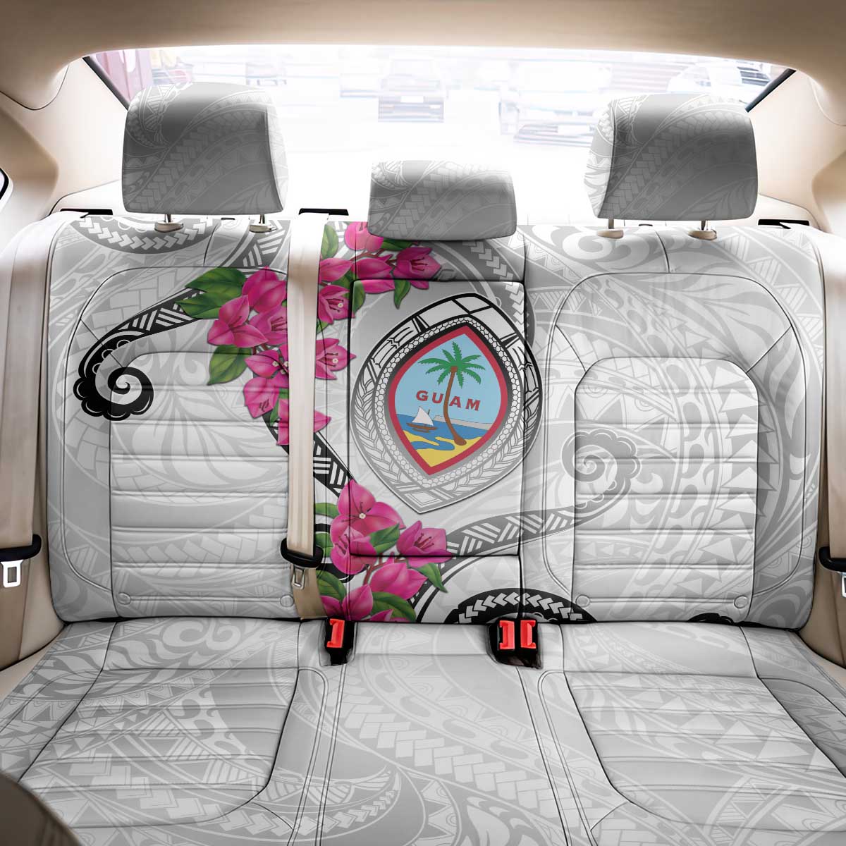 Guam Chamorro Back Car Seat Cover Curves Polynesian Tattoo Mix Bougainvillea LT05 - Polynesian Pride