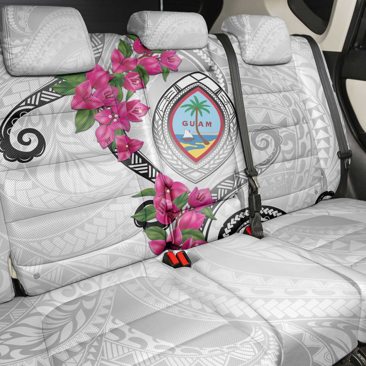 Guam Chamorro Back Car Seat Cover Curves Polynesian Tattoo Mix Bougainvillea LT05 - Polynesian Pride