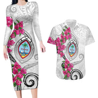 Guam Chamorro Couples Matching Long Sleeve Bodycon Dress and Hawaiian Shirt Curves Polynesian Tattoo Mix Bougainvillea