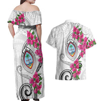 Guam Chamorro Couples Matching Off Shoulder Maxi Dress and Hawaiian Shirt Curves Polynesian Tattoo Mix Bougainvillea
