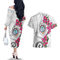 Guam Chamorro Couples Matching Off The Shoulder Long Sleeve Dress and Hawaiian Shirt Curves Polynesian Tattoo Mix Bougainvillea