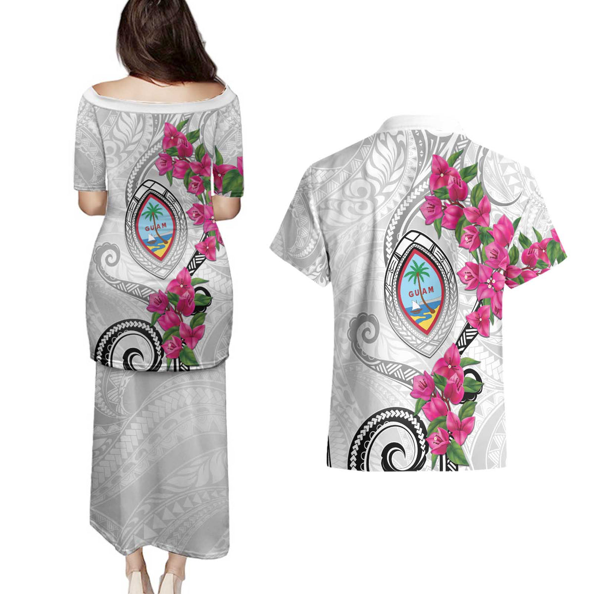 Guam Chamorro Couples Matching Puletasi and Hawaiian Shirt Curves Polynesian Tattoo Mix Bougainvillea