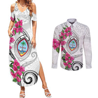Guam Chamorro Couples Matching Summer Maxi Dress and Long Sleeve Button Shirt Curves Polynesian Tattoo Mix Bougainvillea