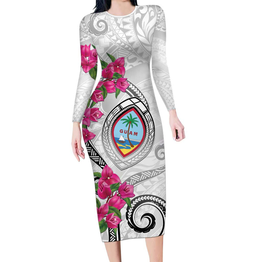 Guam Chamorro Family Matching Long Sleeve Bodycon Dress and Hawaiian Shirt Curves Polynesian Tattoo Mix Bougainvillea LT05 Mom's Dress White - Polynesian Pride