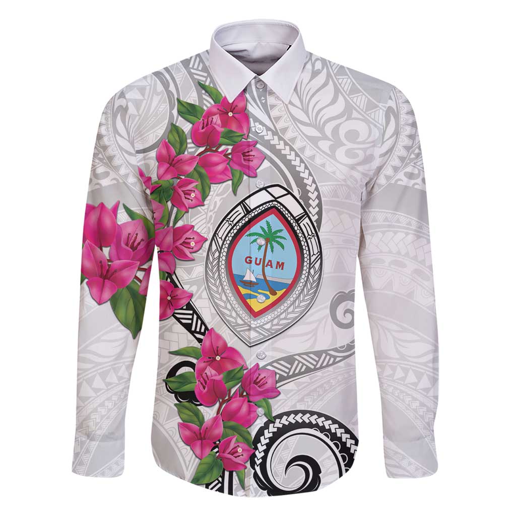 Guam Chamorro Family Matching Mermaid Dress and Hawaiian Shirt Curves Polynesian Tattoo Mix Bougainvillea LT05 Dad's Shirt - Long Sleeve White - Polynesian Pride