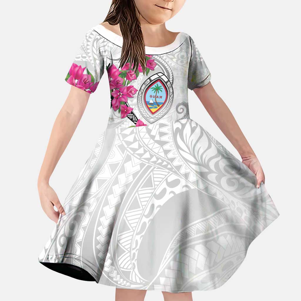 Guam Chamorro Family Matching Puletasi and Hawaiian Shirt Curves Polynesian Tattoo Mix Bougainvillea LT05 Daughter's Dress White - Polynesian Pride