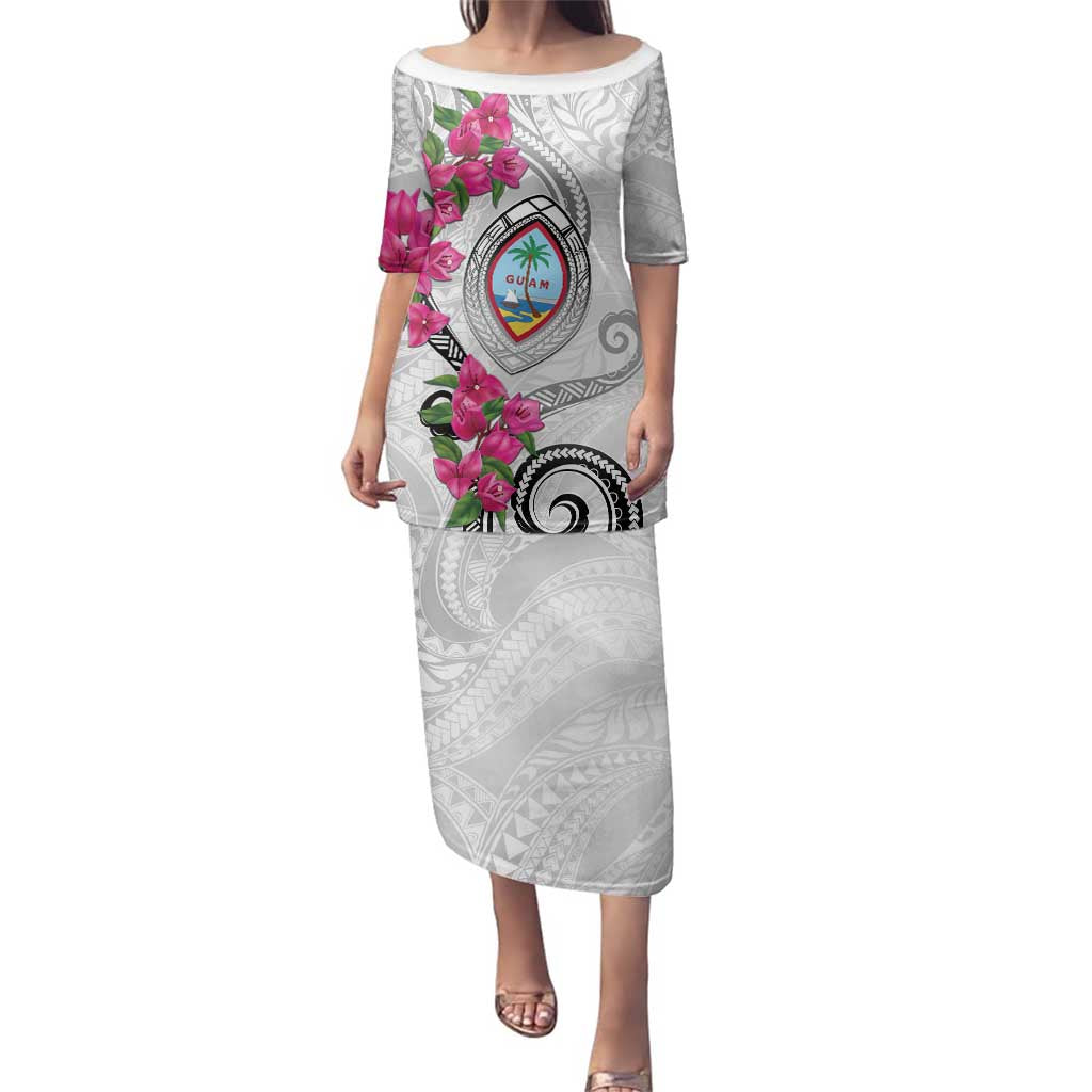 Guam Chamorro Family Matching Puletasi and Hawaiian Shirt Curves Polynesian Tattoo Mix Bougainvillea LT05 Mom's Dress White - Polynesian Pride