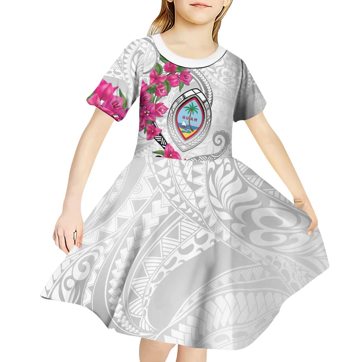 Guam Chamorro Kid Short Sleeve Dress Curves Polynesian Tattoo Mix Bougainvillea LT05 - Polynesian Pride