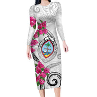 Guam Chamorro Long Sleeve Bodycon Dress Curves Polynesian Tattoo Mix Bougainvillea