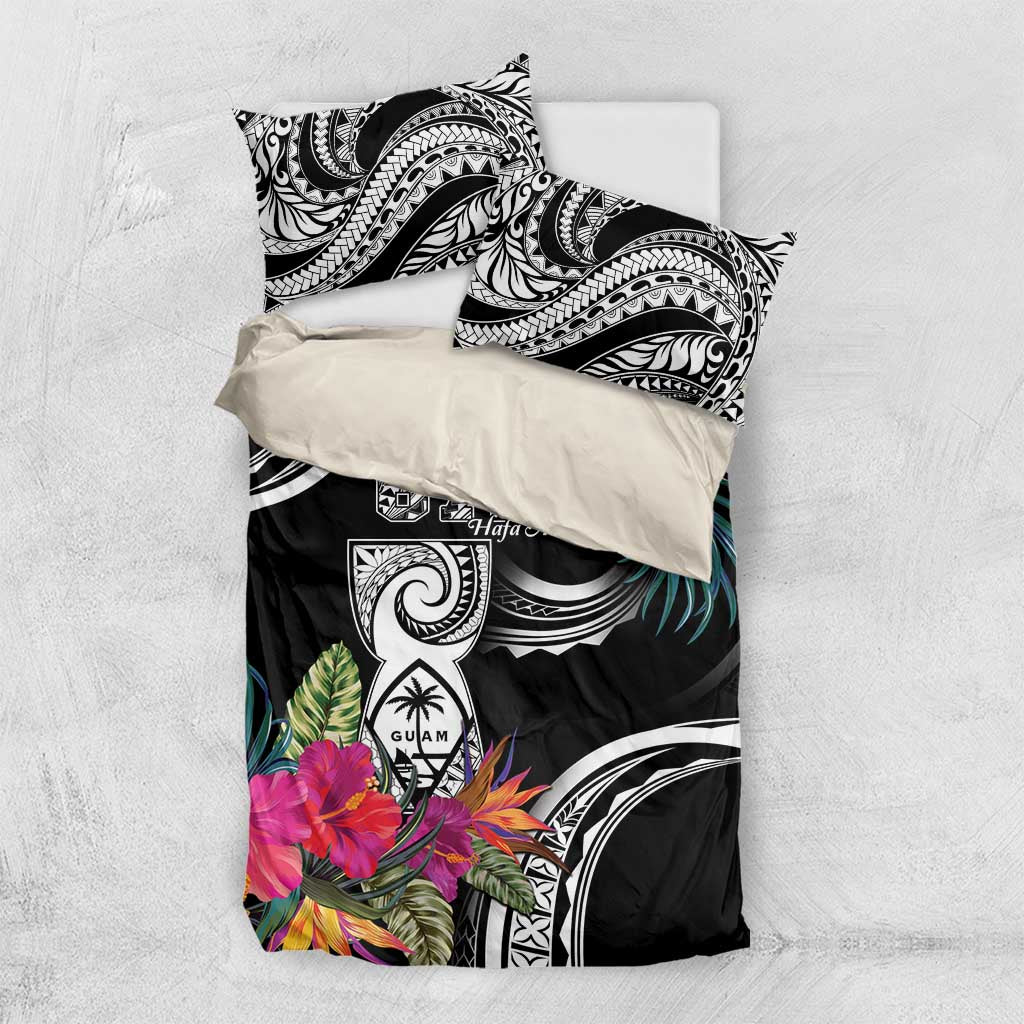 Hafa Adai Guam Bedding Set Polynesian Tattoo Tropical Flowers LT05 US Twin 172cm x 218cm Black - Polynesian Pride