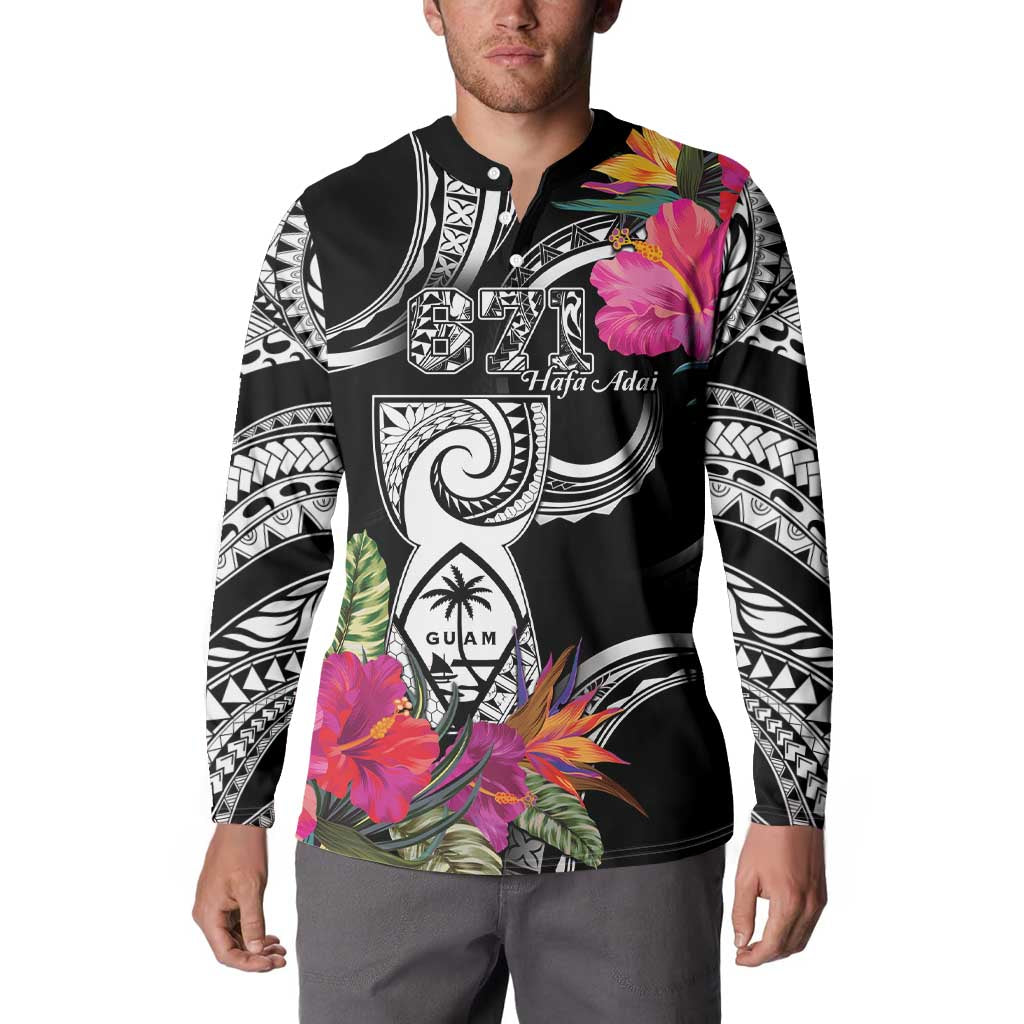 Hafa Adai Guam Button Sweatshirt Polynesian Tattoo Tropical Flowers
