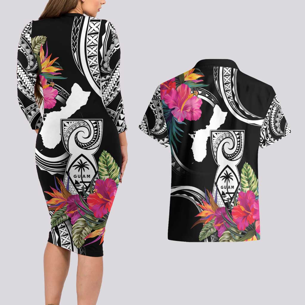 Hafa Adai Guam Couples Matching Long Sleeve Bodycon Dress and Hawaiian Shirt Polynesian Tattoo Tropical Flowers