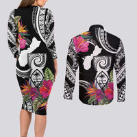 Hafa Adai Guam Couples Matching Long Sleeve Bodycon Dress and Long Sleeve Button Shirt Polynesian Tattoo Tropical Flowers
