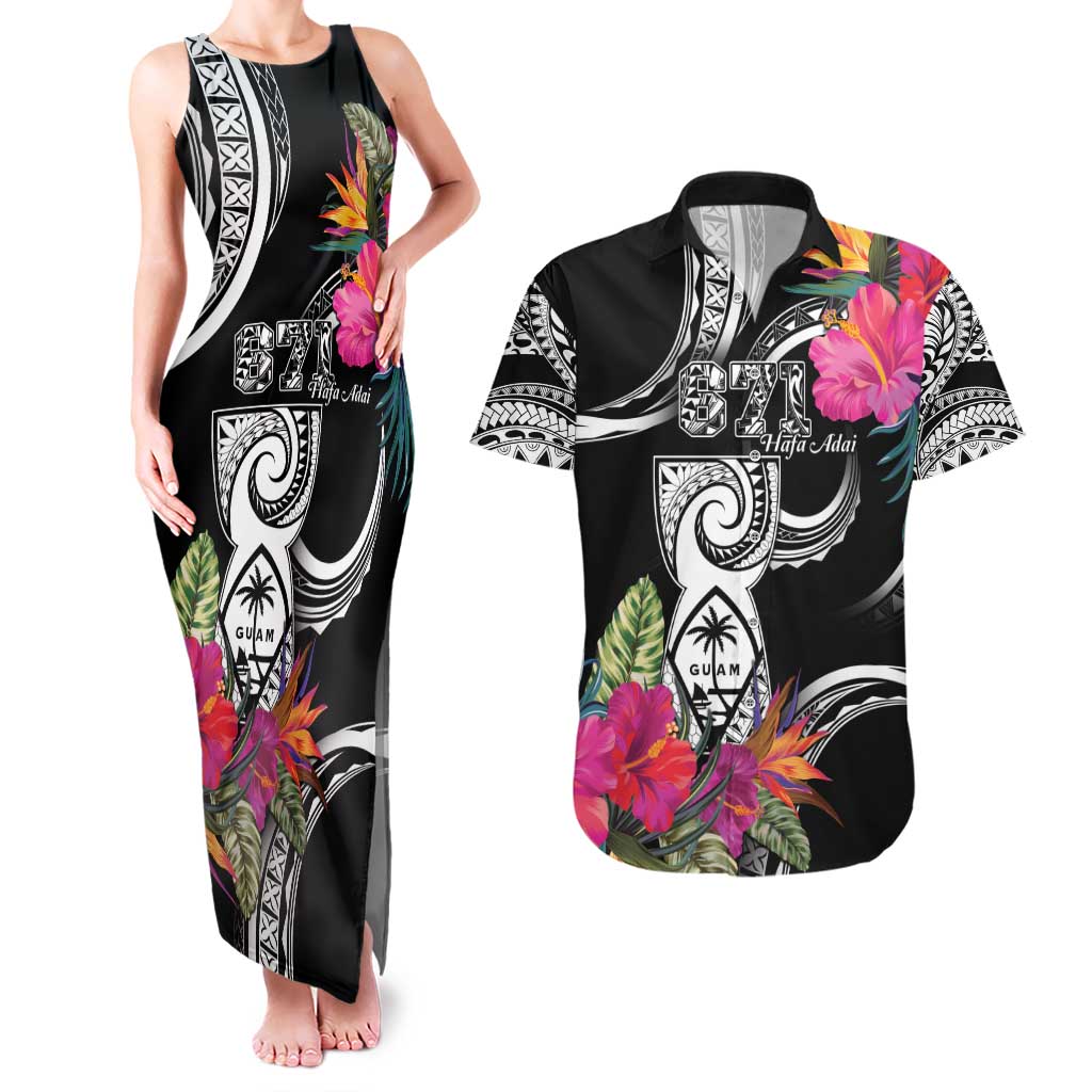Hafa Adai Guam Couples Matching Tank Maxi Dress and Hawaiian Shirt Polynesian Tattoo Tropical Flowers