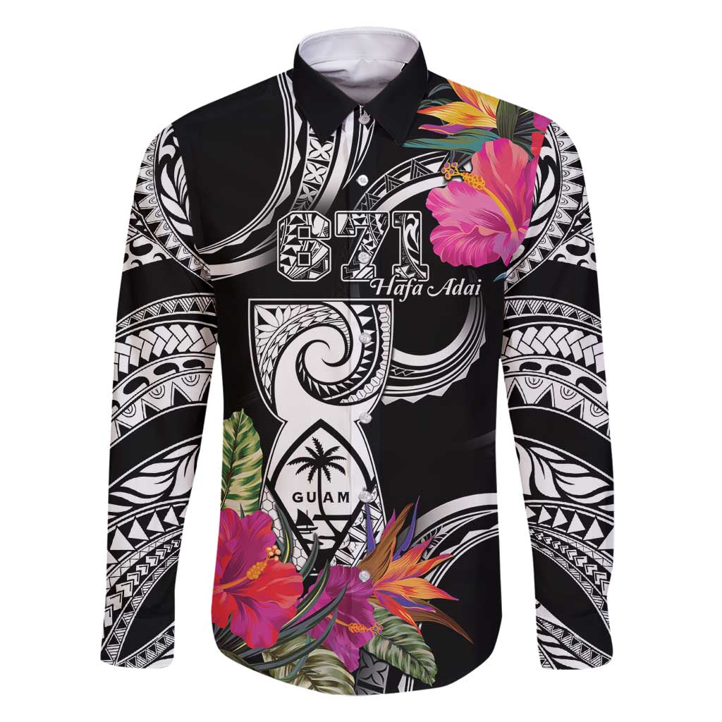 Hafa Adai Guam Family Matching Long Sleeve Bodycon Dress and Hawaiian Shirt Polynesian Tattoo Tropical Flowers LT05 Dad's Shirt - Long Sleeve Black - Polynesian Pride