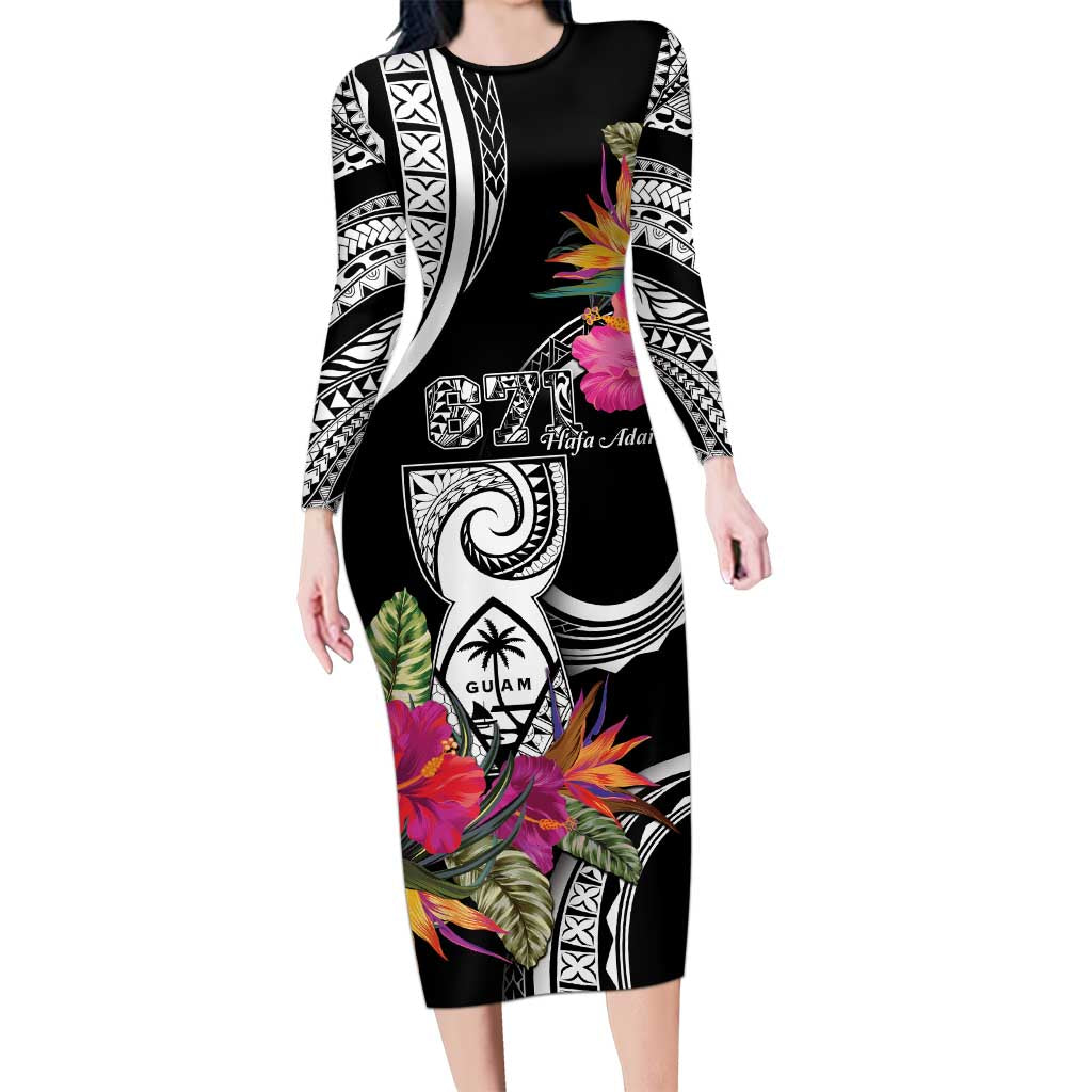 Hafa Adai Guam Family Matching Long Sleeve Bodycon Dress and Hawaiian Shirt Polynesian Tattoo Tropical Flowers LT05 Mom's Dress Black - Polynesian Pride