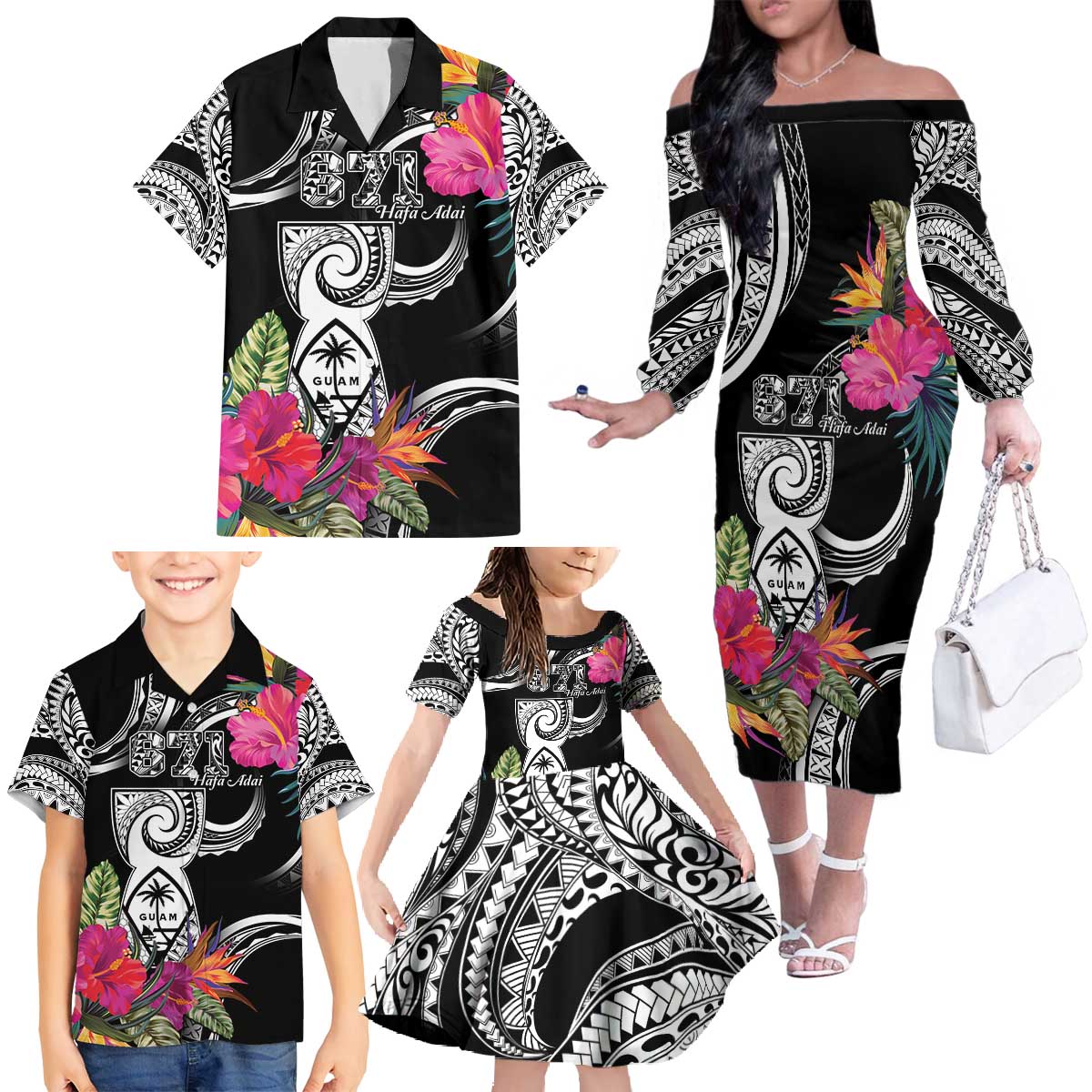 Hafa Adai Guam Family Matching Off The Shoulder Long Sleeve Dress and Hawaiian Shirt Polynesian Tattoo Tropical Flowers