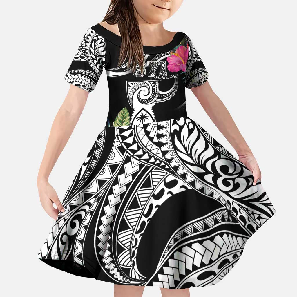 Hafa Adai Guam Family Matching Short Sleeve Bodycon Dress and Hawaiian Shirt Polynesian Tattoo Tropical Flowers LT05 Daughter's Dress Black - Polynesian Pride