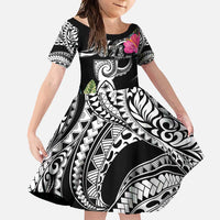 Hafa Adai Guam Family Matching Short Sleeve Bodycon Dress and Hawaiian Shirt Polynesian Tattoo Tropical Flowers LT05 Daughter's Dress Black - Polynesian Pride