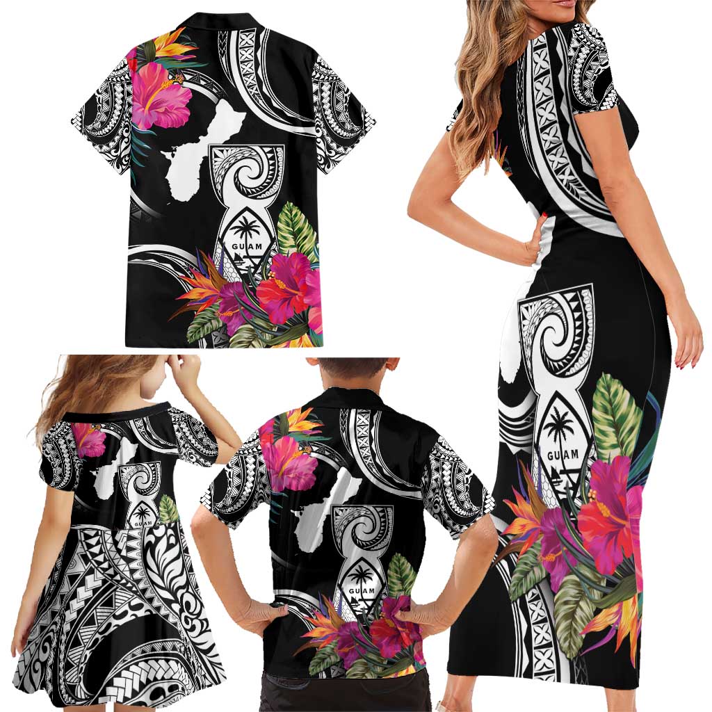 Hafa Adai Guam Family Matching Short Sleeve Bodycon Dress and Hawaiian Shirt Polynesian Tattoo Tropical Flowers LT05 - Polynesian Pride