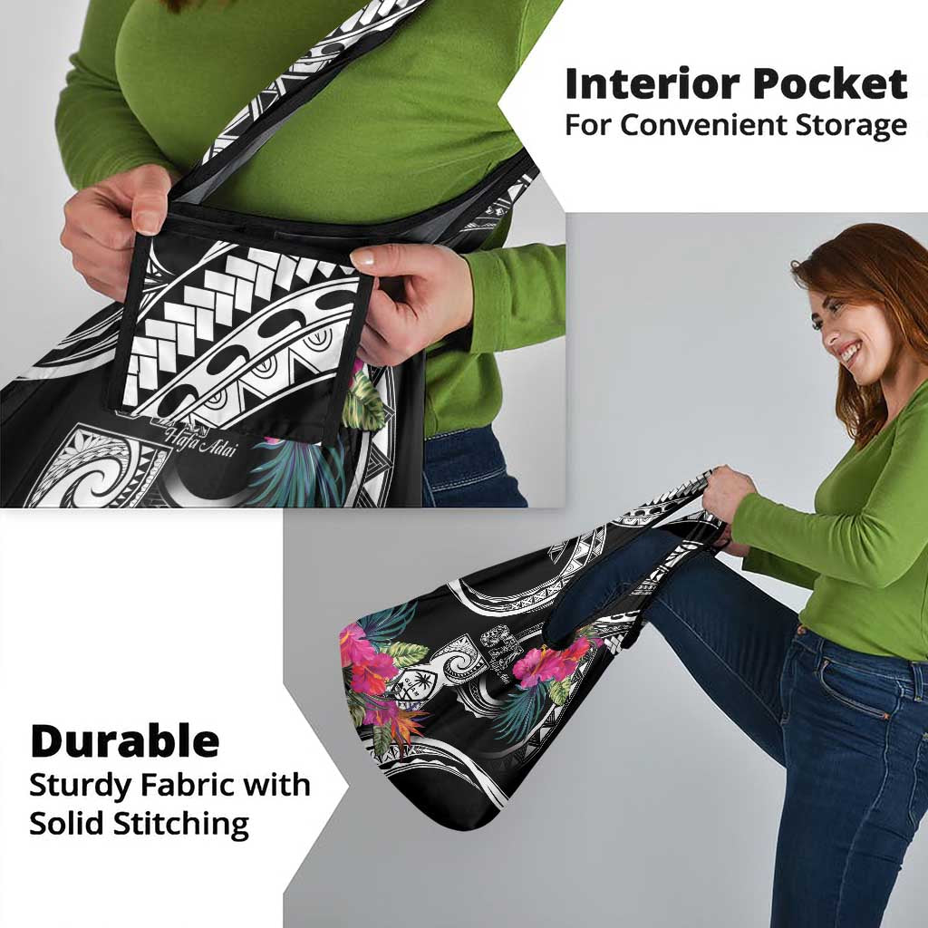 Hafa Adai Guam Grocery Bag Polynesian Tattoo Tropical Flowers