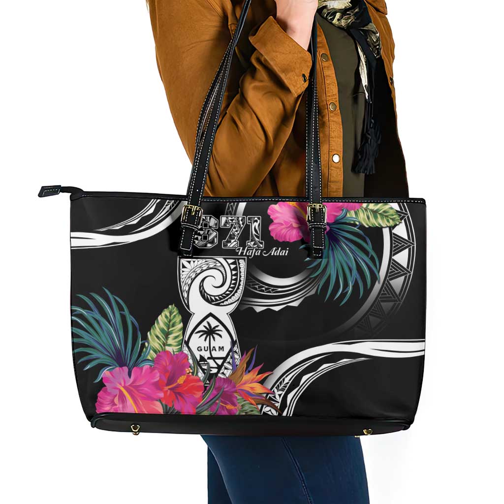 Hafa Adai Guam Leather Tote Bag Polynesian Tattoo Tropical Flowers