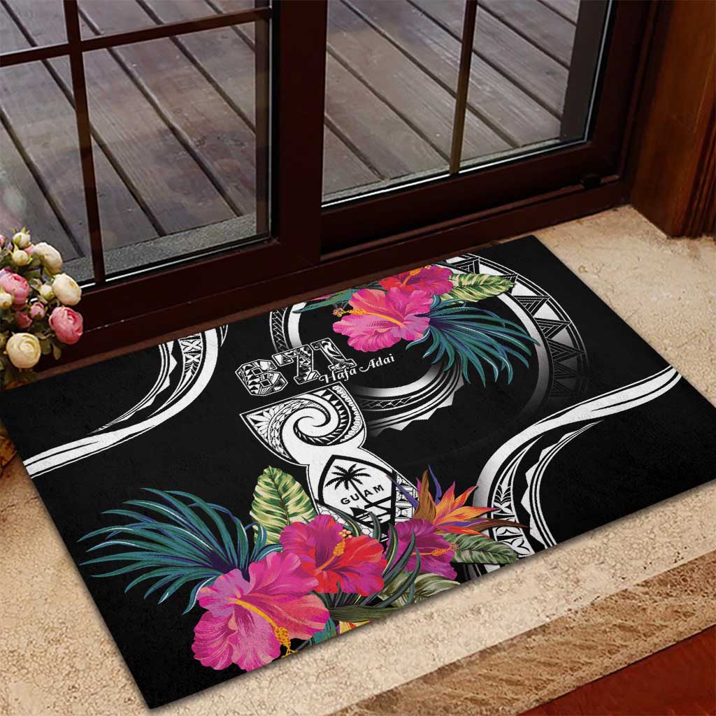 Hafa Adai Guam Rubber Doormat Polynesian Tattoo Tropical Flowers