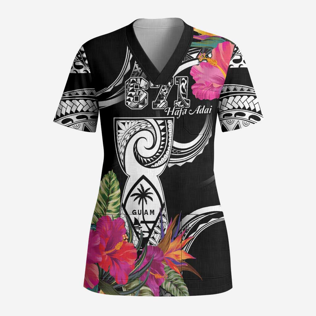 Hafa Adai Guam Scrub Top Polynesian Tattoo Tropical Flowers - Polynesian Pride