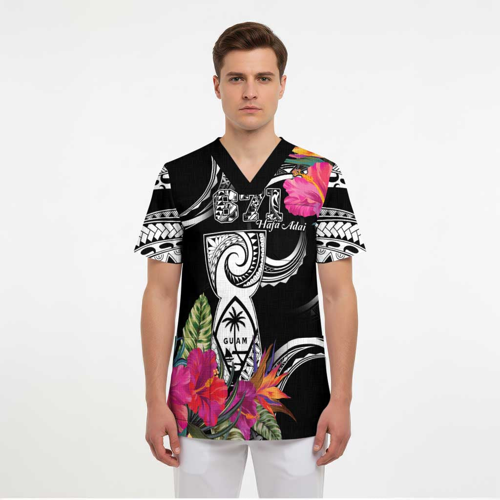 Hafa Adai Guam Scrub Top Polynesian Tattoo Tropical Flowers - Polynesian Pride
