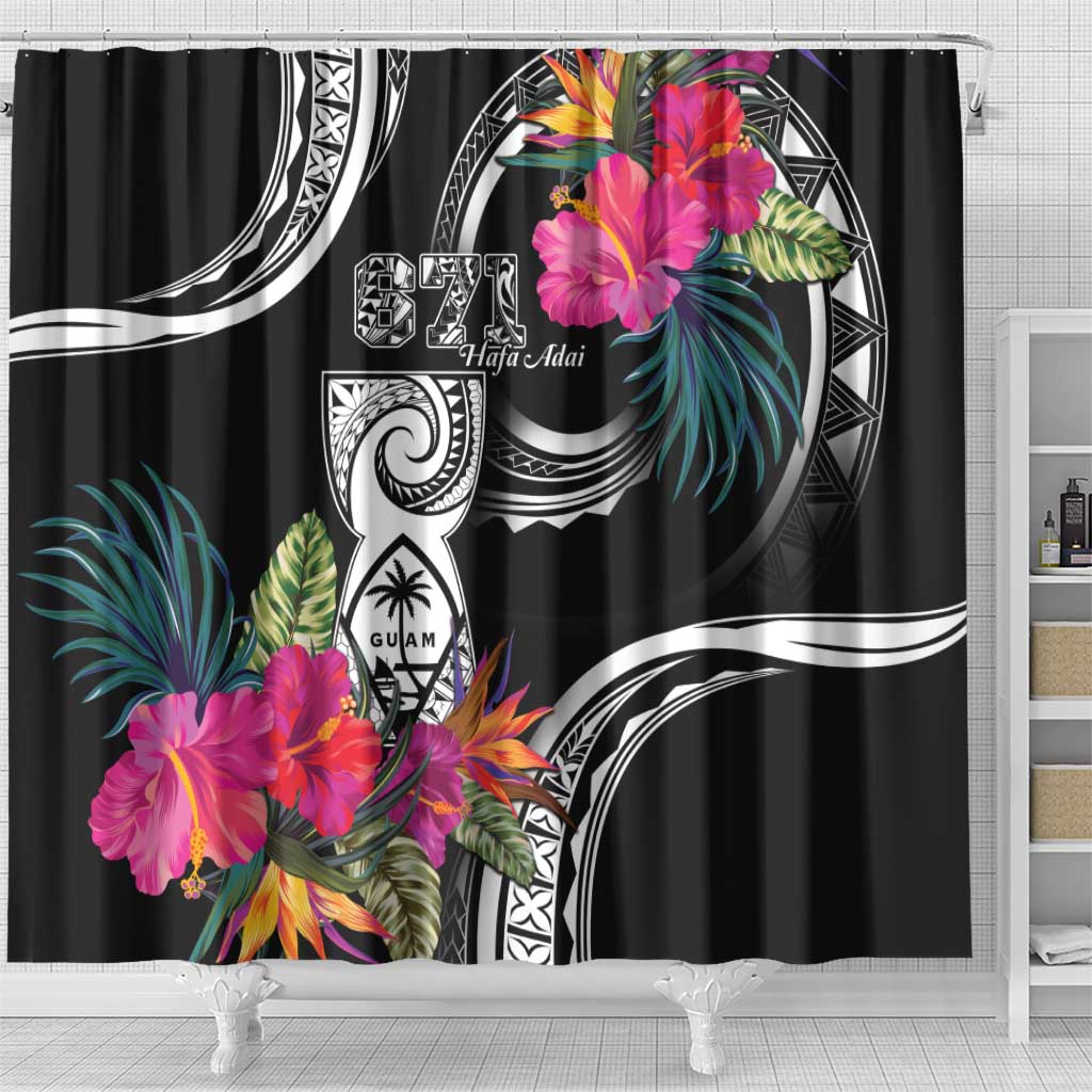 Hafa Adai Guam Shower Curtain Polynesian Tattoo Tropical Flowers