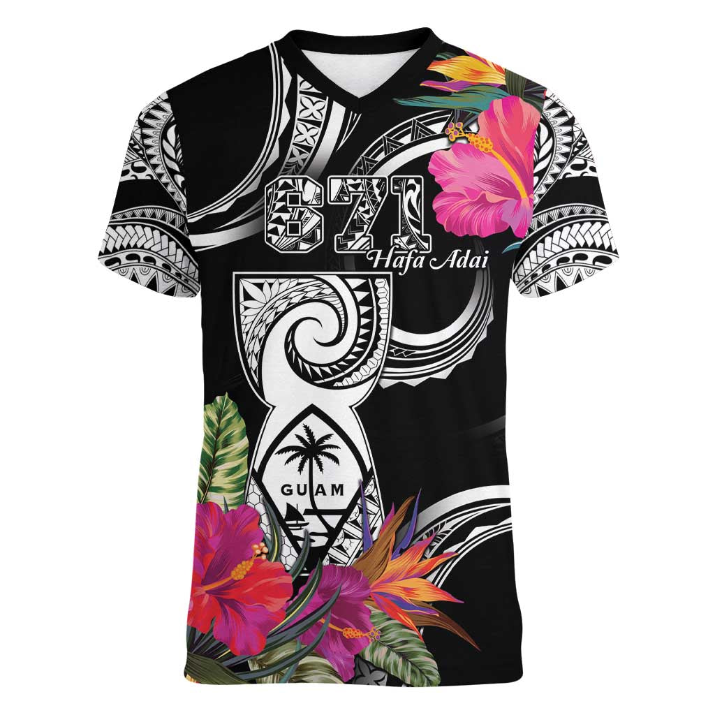 Hafa Adai Guam Women V-Neck T-Shirt Polynesian Tattoo Tropical Flowers