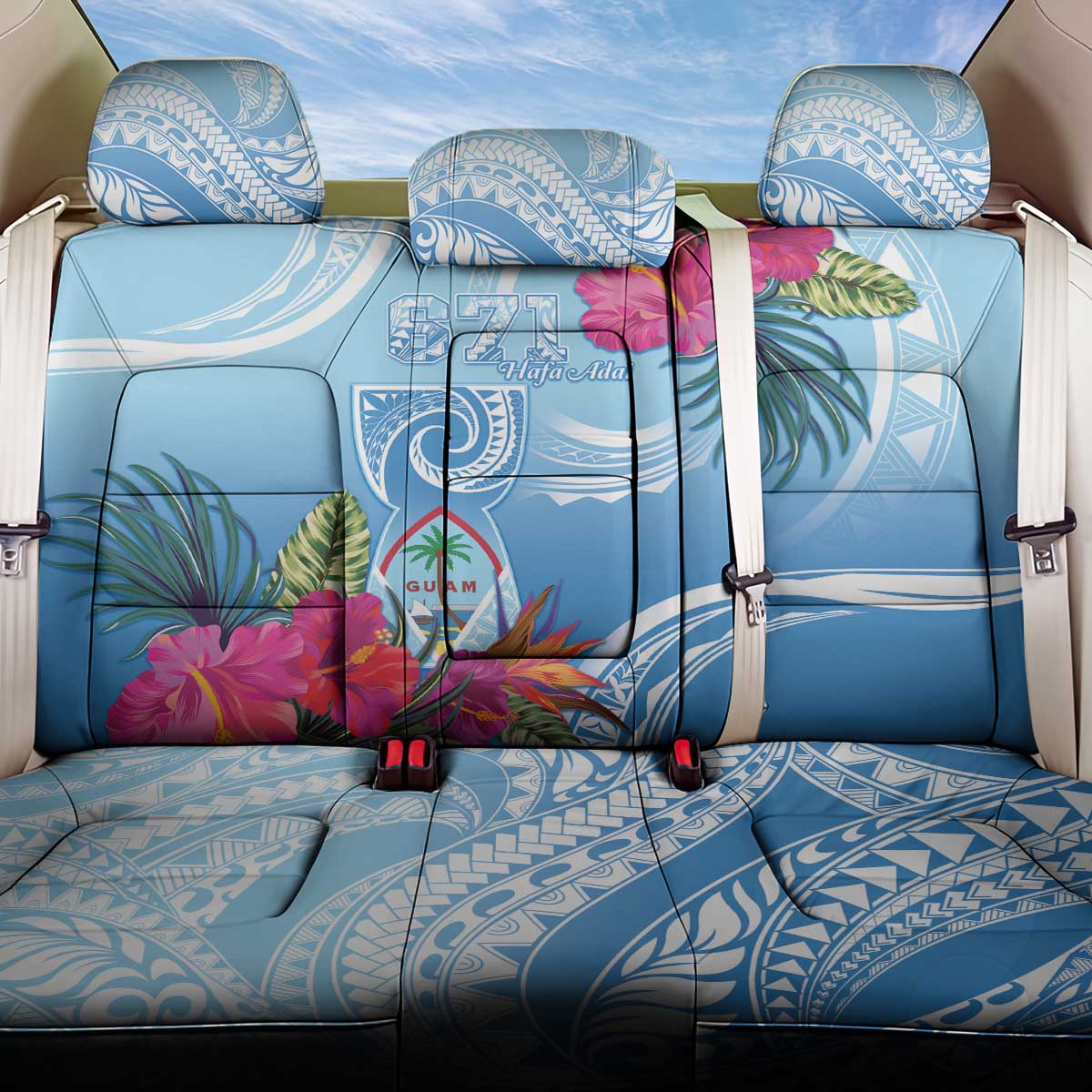 Hafa Adai Guam Back Car Seat Cover Tropical Flowers Blue Gradient LT05 One Size Blue - Polynesian Pride