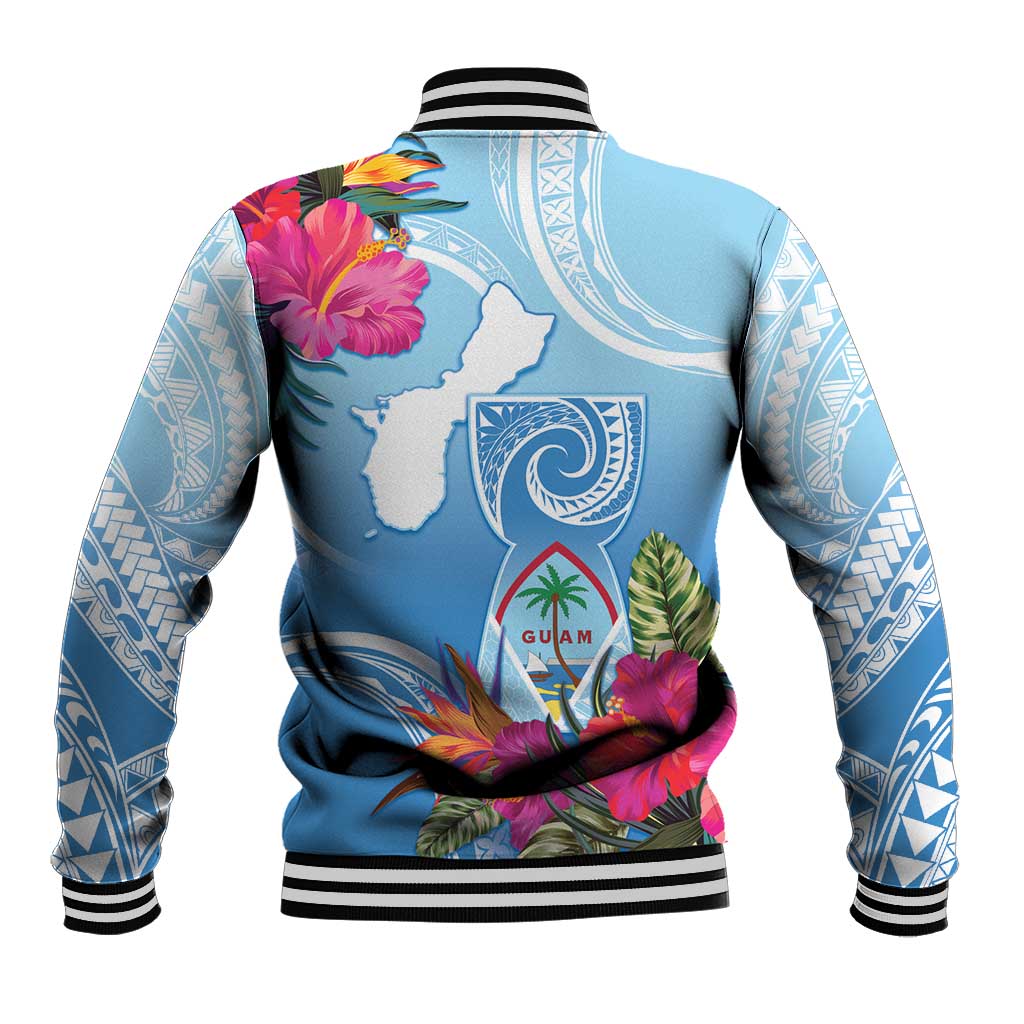 Hafa Adai Guam Baseball Jacket Tropical Flowers Blue Gradient