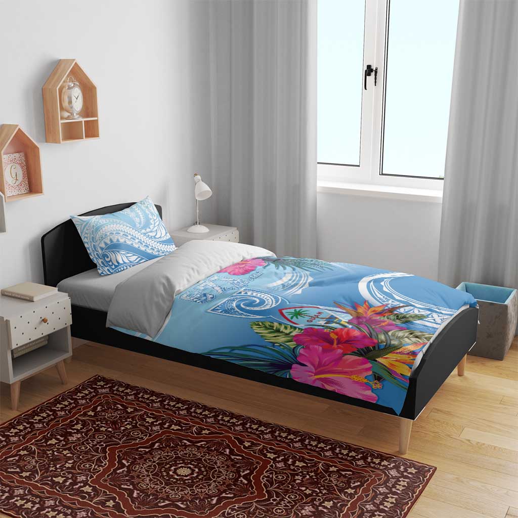 Hafa Adai Guam Bedding Set Tropical Flowers Blue Gradient LT05 - Polynesian Pride