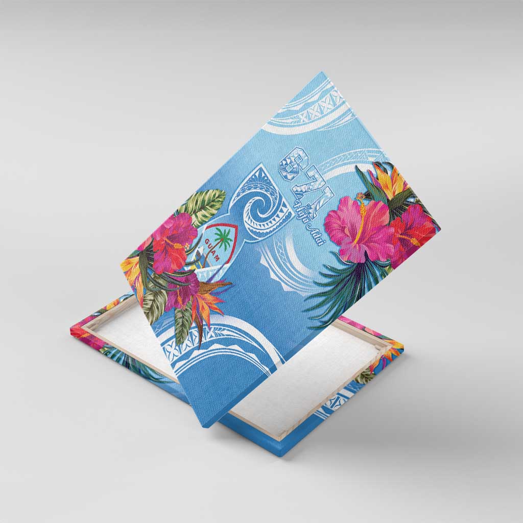Hafa Adai Guam Canvas Wall Art Tropical Flowers Blue Gradient LT05 With Frame Blue - Polynesian Pride
