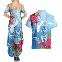Hafa Adai Guam Couples Matching Summer Maxi Dress and Hawaiian Shirt Tropical Flowers Blue Gradient