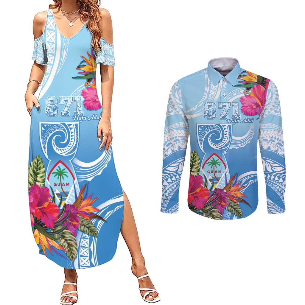 Hafa Adai Guam Couples Matching Summer Maxi Dress and Long Sleeve Button Shirt Tropical Flowers Blue Gradient