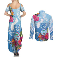 Hafa Adai Guam Couples Matching Summer Maxi Dress and Long Sleeve Button Shirt Tropical Flowers Blue Gradient