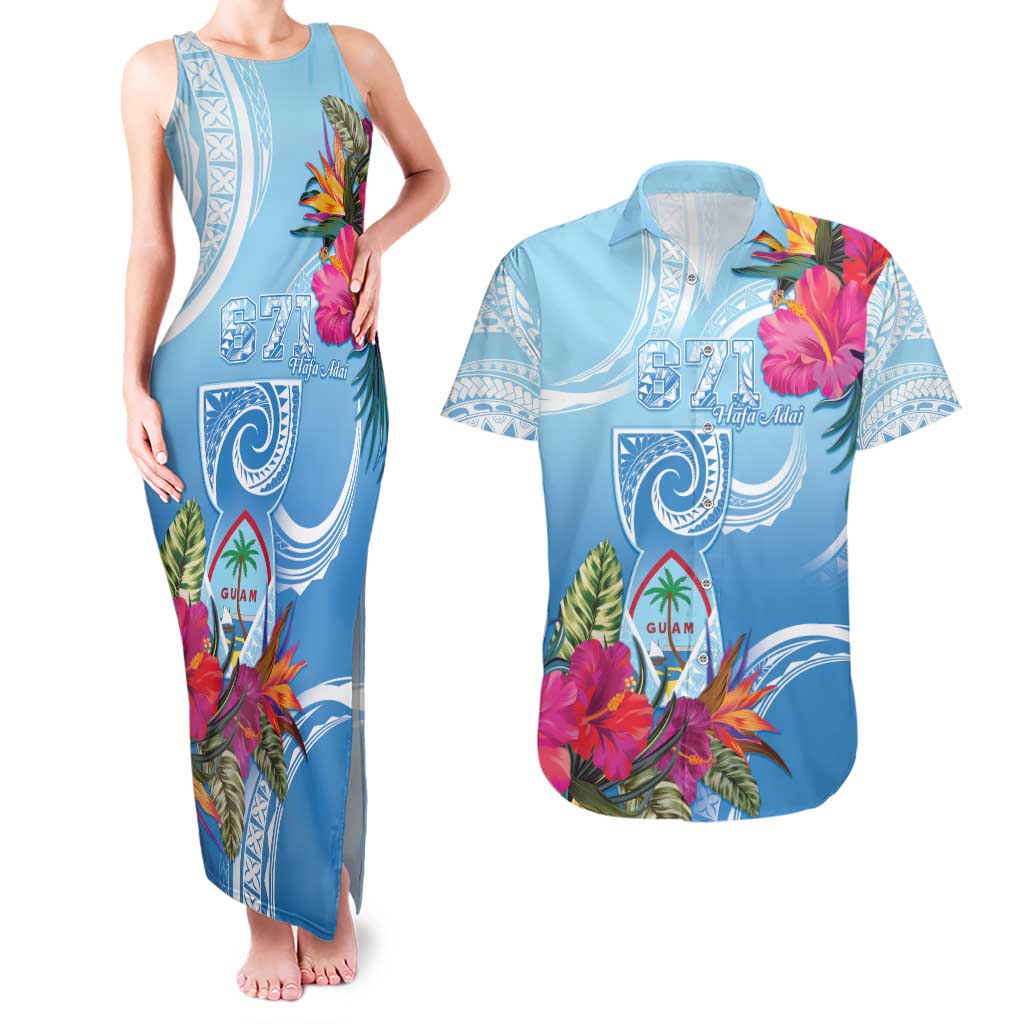 Hafa Adai Guam Couples Matching Tank Maxi Dress and Hawaiian Shirt Tropical Flowers Blue Gradient