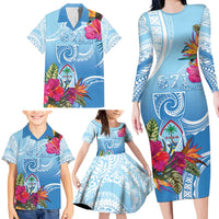 Hafa Adai Guam Family Matching Long Sleeve Bodycon Dress and Hawaiian Shirt Tropical Flowers Blue Gradient LT05 - Polynesian Pride