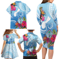 Hafa Adai Guam Family Matching Long Sleeve Bodycon Dress and Hawaiian Shirt Tropical Flowers Blue Gradient LT05 - Polynesian Pride