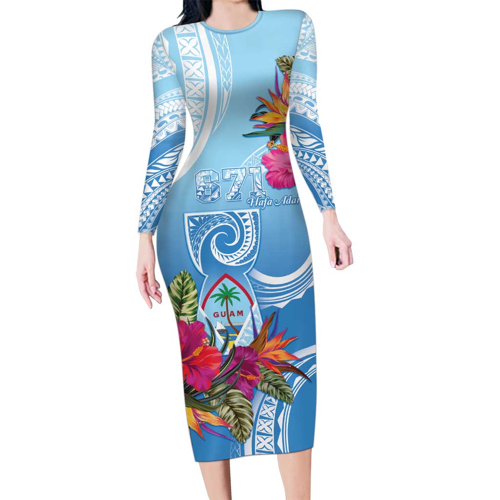 Hafa Adai Guam Family Matching Long Sleeve Bodycon Dress and Hawaiian Shirt Tropical Flowers Blue Gradient LT05 Mom's Dress Blue - Polynesian Pride