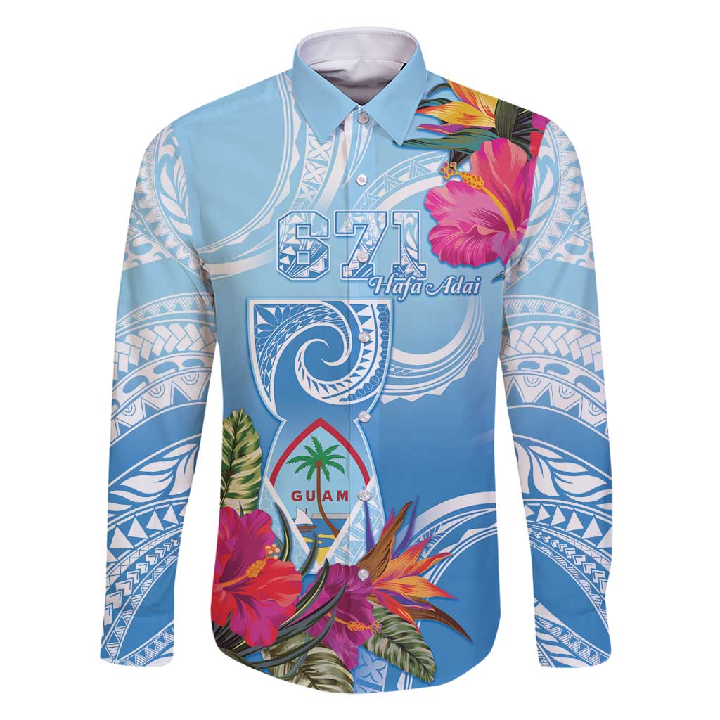 Hafa Adai Guam Family Matching Mermaid Dress and Hawaiian Shirt Tropical Flowers Blue Gradient LT05 Dad's Shirt - Long Sleeve Blue - Polynesian Pride