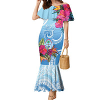 Hafa Adai Guam Family Matching Mermaid Dress and Hawaiian Shirt Tropical Flowers Blue Gradient LT05 Mom's Dress Blue - Polynesian Pride